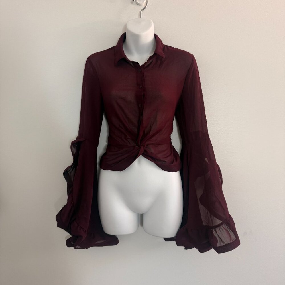 Fashion Nova Burgundy Sheer Twist-Front Blouse | Long Sleeve | Size S - Picture 2 of 12